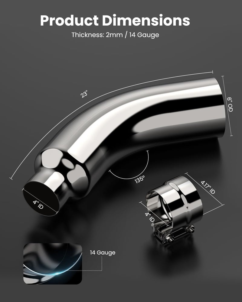 JY PERFORMANCE 4 Inch (ID) Diesel Exhaust Tip Elbow Tip 4'' Inlet 6'' Outlet 23'' Long Chrome Turndown Exhaust Tip with Clamp - Image 4